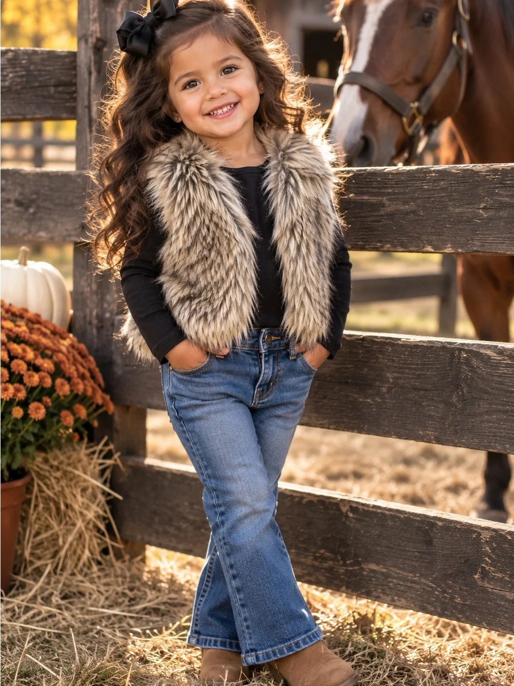 Old Navy Girls 3T Faux Fur Vest Gray Tan Shaggy Boho Fall